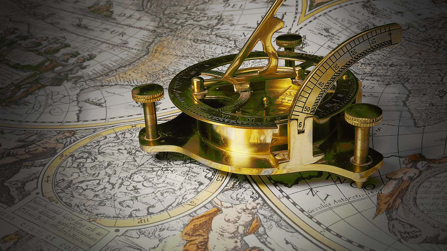 Sundial compass on antique map